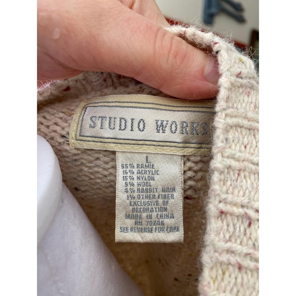 Vintage 1990s Patchwork Embroidered Cream Cardigan Sweater Large Granola Coastal - Picture 6 of 8